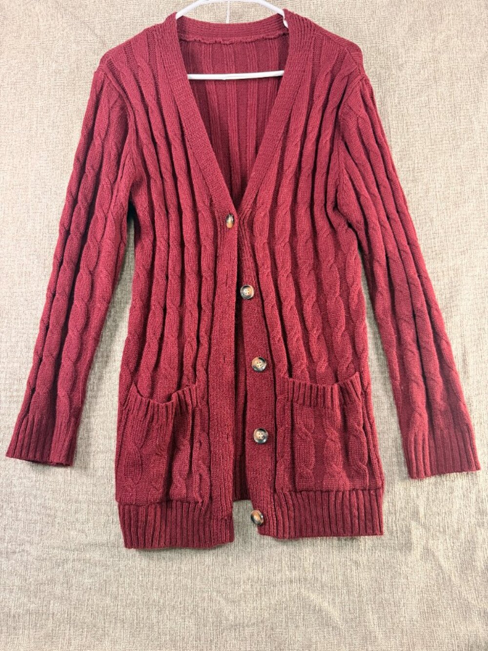 Burgundy Cable Knit Button Front Longline Cardigan Sweater - Size S